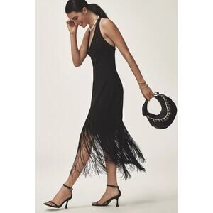 Anthropologie HUTCH Plunge Halter Fringe Knit Midi Dress in Black XL NWT $248